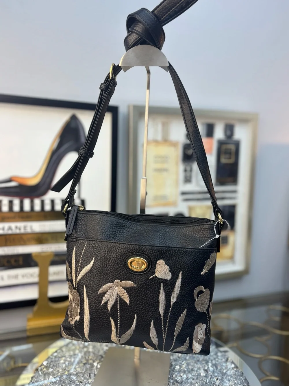 Tignanello Black Floral Embroidered Leather Crossbody Bag NWOT - Picture 1 of 14